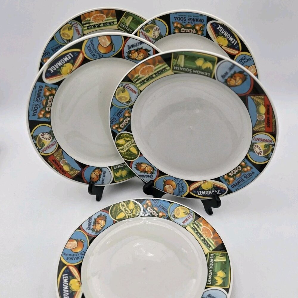 6 Oneida‎ Majesticware Stoneware Citrus Labels Dinner Plates Fruit 10.5 Lemonade